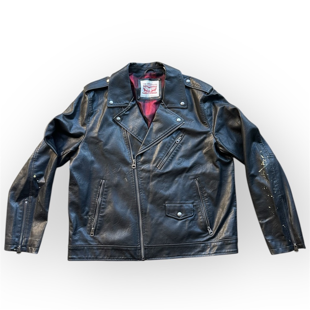 Men’s Levi’s black faux leather jacket with plaid lining